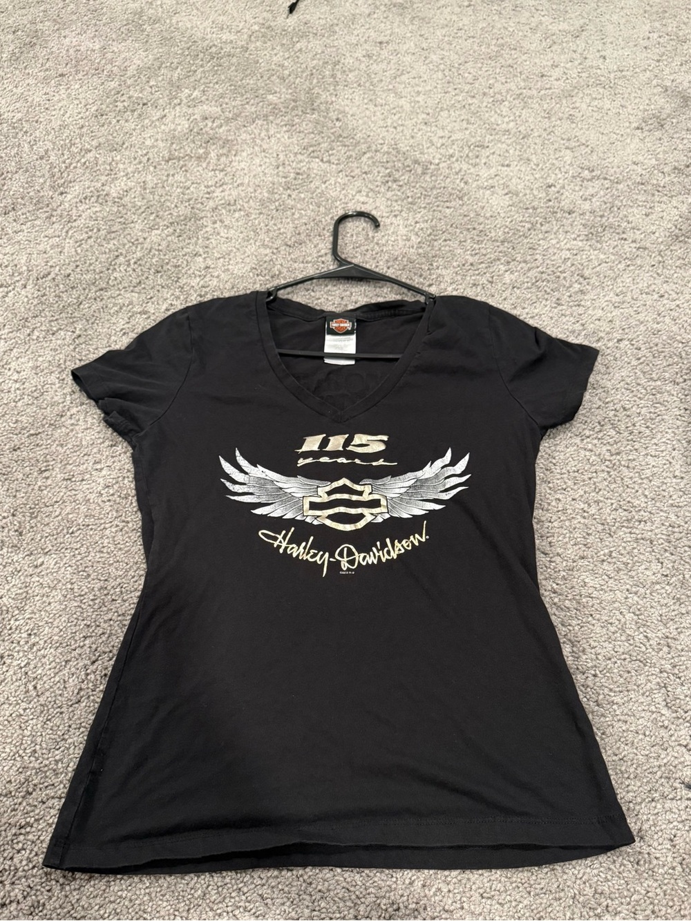Harley-Davidson Black Tee with Gold & Silver Winged 115 Graphic -Women size M